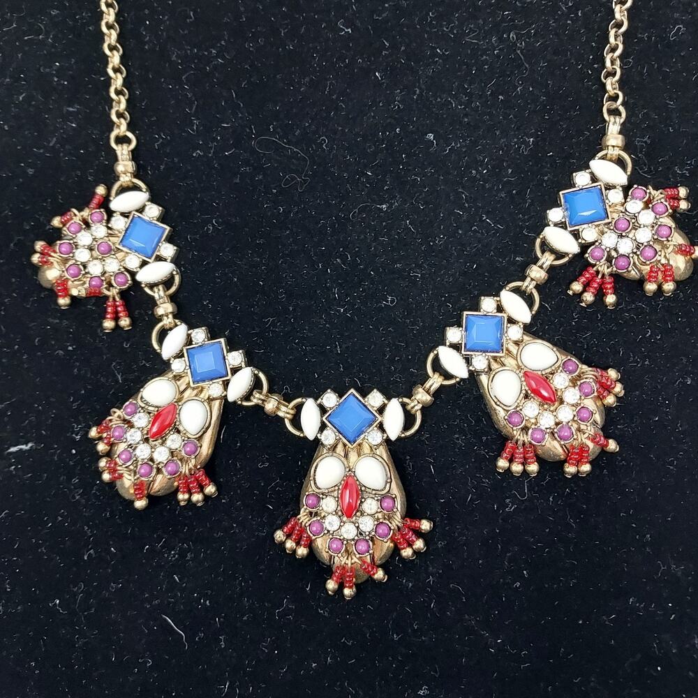 Statement Necklace Red White Blue Gold Tone Seed Beads Rhinestones Faux Gemstone
